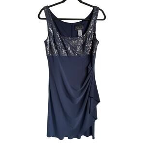 Alex Evenings Dress Sz 10 Sequined Bodice Ruched Sleeveless Blue Cocktail Party